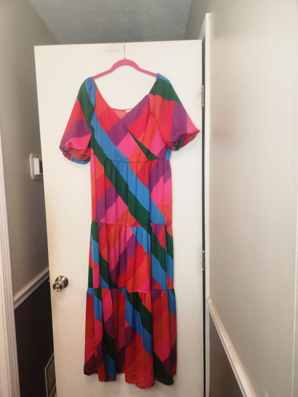 Skies Are Blue Colorblock V-Neck Maxi Dress in Pink, Red, Blue & Green